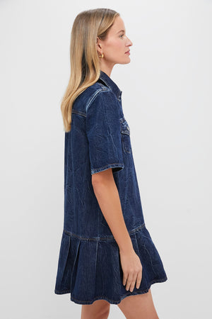 Mid Blue Stone Crinkled Future Denim Mini Dress