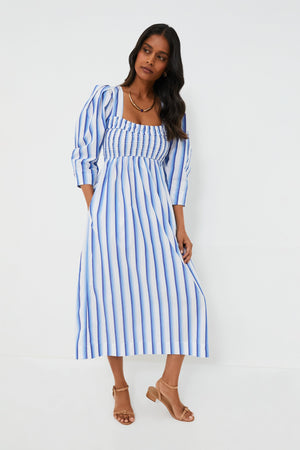 Silver Lake Blue Stripe Cotton Open-neck Smock Long Dress