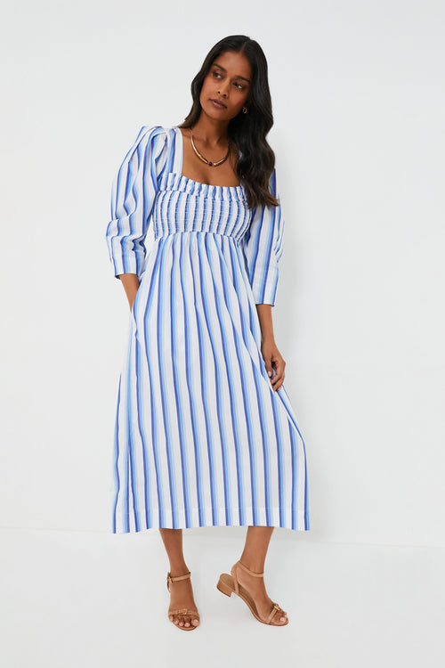 Silver Lake Blue Stripe Cotton Open-neck Smock Long Dress