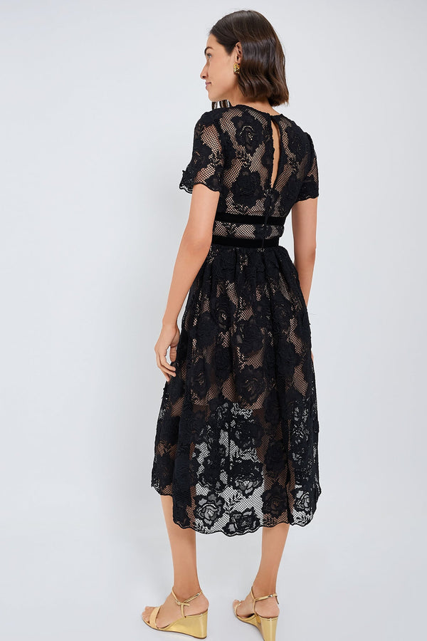 Black Lace Velvet Bow Midi Dress