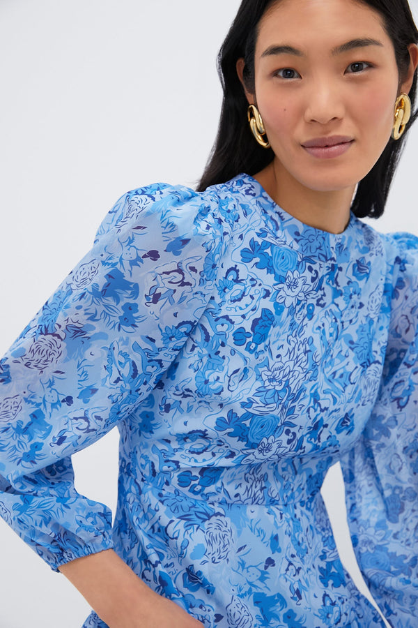 Blue Multi Abstract Floral Rosalind Ruffle Midi Dress