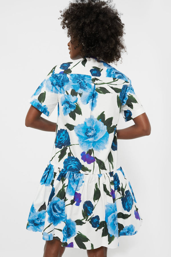 White and Blue Short Sleeve Button Down Mini Dress