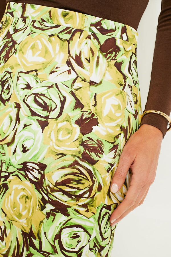 Green and Lemon Abstract Roses Lorelei Twill Skirt