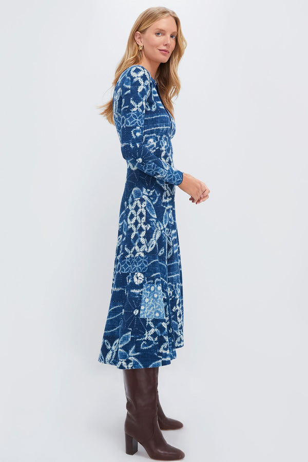 Indigo Shabori Patchwork Rowie Long Sleeve Day Dress