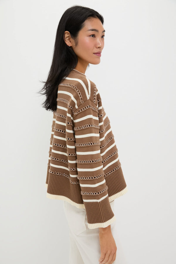 Mocha and Ivory Pointelle Stripe Maxine Sweater